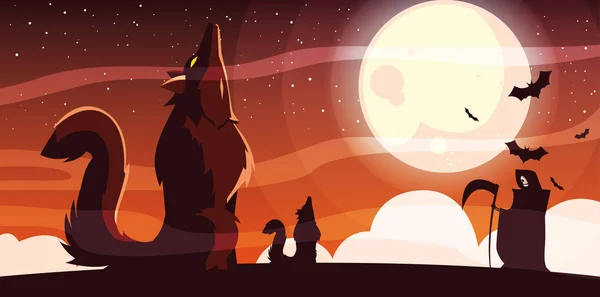 Lobo enojado aullando a la luna en la escena de Halloween — Vector de stock