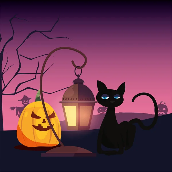 Calabaza con negro gato en escena de halloween — Vector de stock