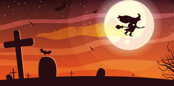 Bruja volando con escoba en escena cementerio — Vector de stock