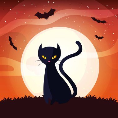 cadılar bayramı sahnesinde ay ile siyah kedi