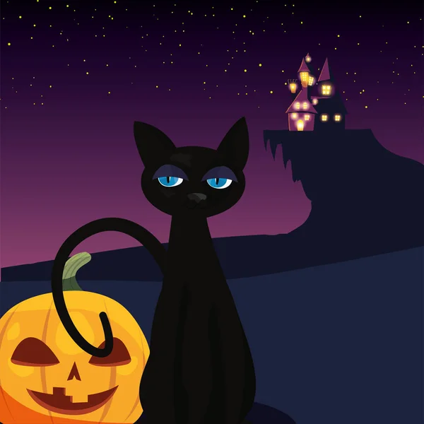 Calabaza con negro gato en escena de halloween — Vector de stock