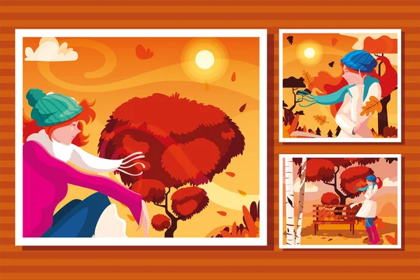 Conjunto de cartões com mulher em cenas de paisagem de outono — Vetor de Stock