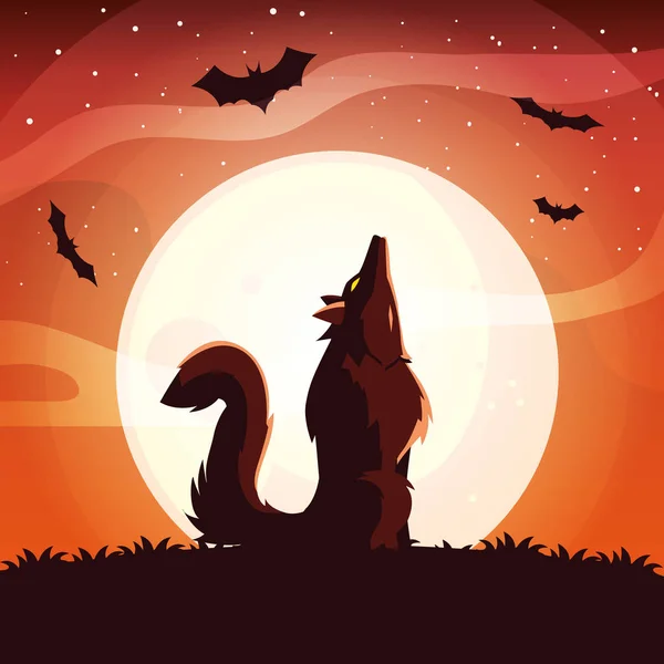 Lobo enojado aullando a la luna en la escena de Halloween — Vector de stock