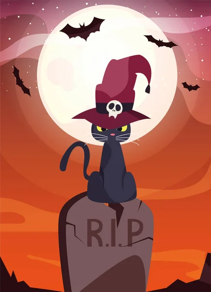 黑猫与巫师帽子在墓地现场 — 图库矢量图片