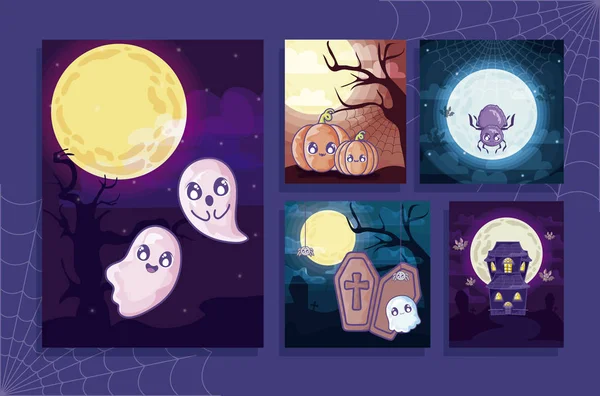 Set van kaarten met Halloween scènes — Stockvector