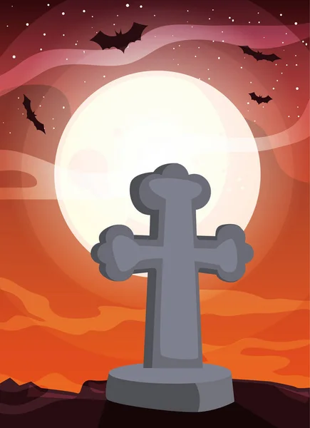 Cruz cristã com lua em cena de Halloween — Vetor de Stock