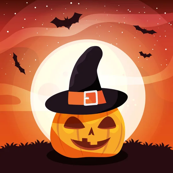 Тыква в шляпе ведьмы в сцене Хэллоуина — стоковый вектор