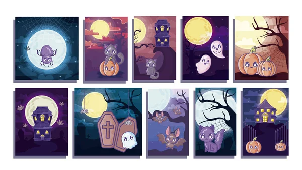 Jeu de cartes avec scènes d'Halloween — Image vectorielle