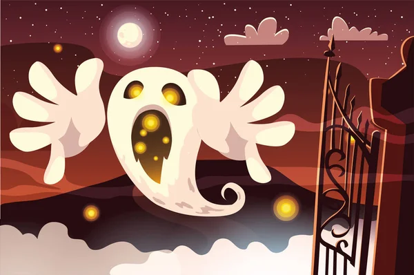 ハロウィーンのシーンで月と幽霊 — ストックベクタ