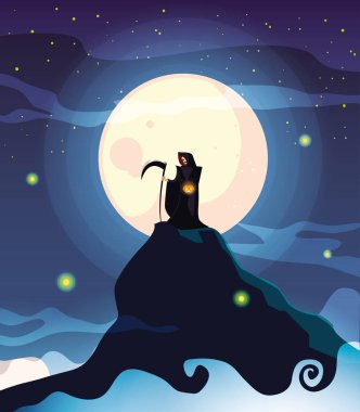 cadılar bayramı sahnesinde ay ile ölüm kılığında adam