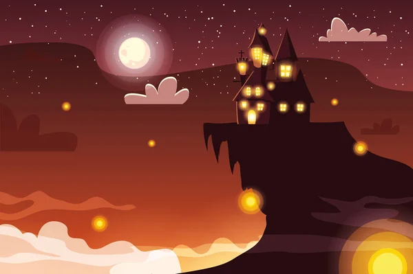 Aterrador castillo con luna en escena de halloween — Vector de stock