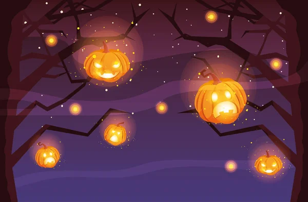 Espeluznante árbol de halloween con calabazas en escena de halloween — Archivo Imágenes Vectoriales