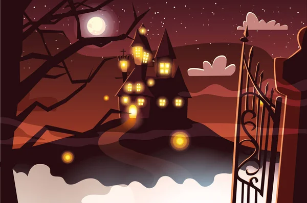 Château effrayant avec lune dans la scène de halloween — Image vectorielle