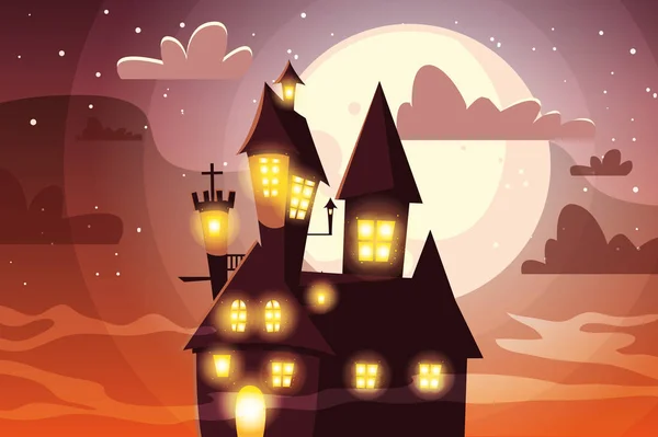 Aterrador castillo con luna en escena de halloween — Vector de stock