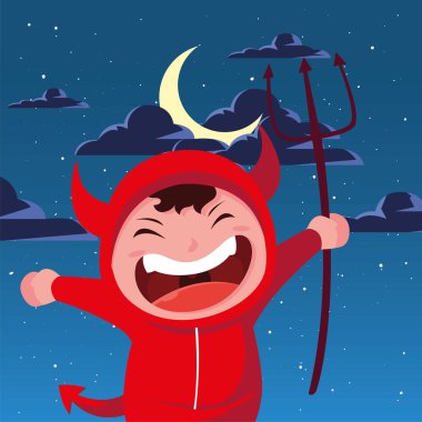 cadılar bayramı sahnesinde şeytan kılığında çocuk