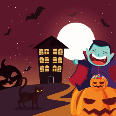 cadılar bayramı sahnesinde vampir kılığında sevimli çocuk