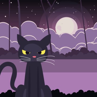 cadılar bayramı sahnesinde ay ile siyah kedi