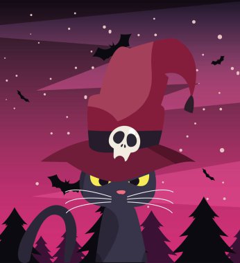 cadılar bayramı sahnesinde cadı şapkalı siyah kedi