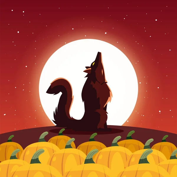 Boze Wolf Howling naar de maan in scène van Halloween — Stockvector