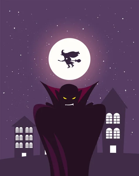 Hombre disfrazado de vampiro en la escena de Halloween — Vector de stock