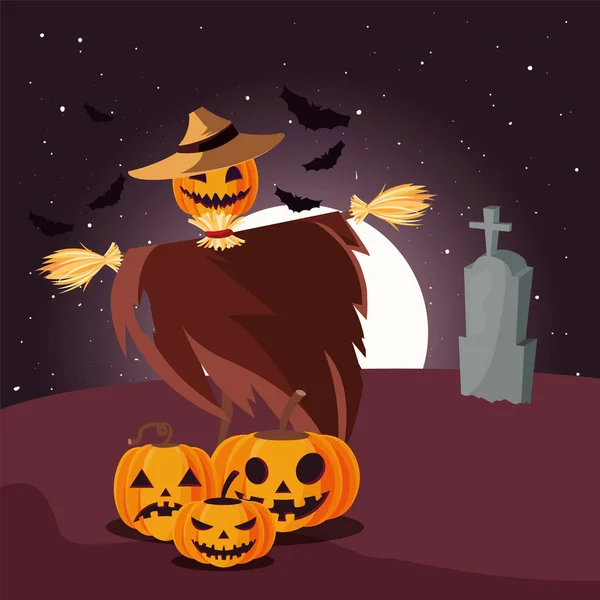 Хэллоуин тыква в шляпе ведьмы на кладбище сцене — стоковый вектор