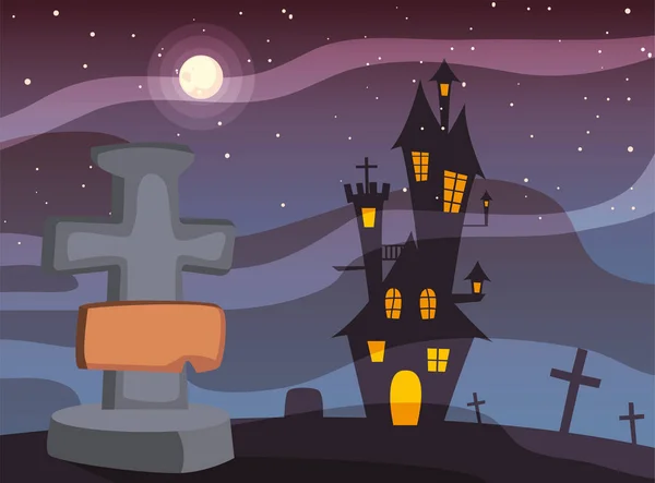 Cadılar bayramı sahnesinde ay ile hıristiyan çapraz — Stok Vektör