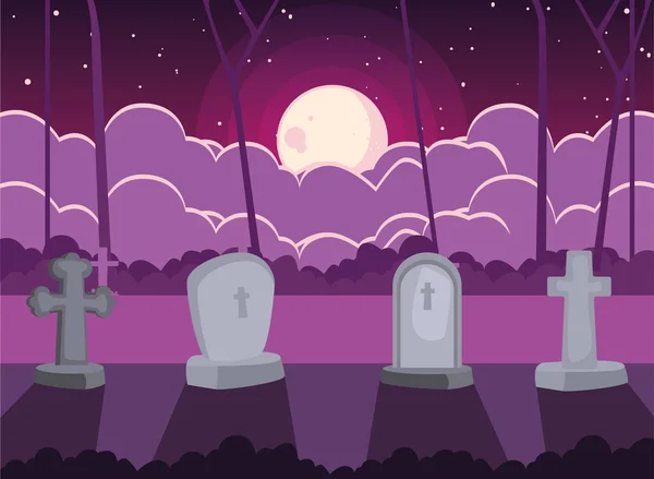 Pierre tombale de cimetière avec lune dans la scène d'Halloween — Image vectorielle