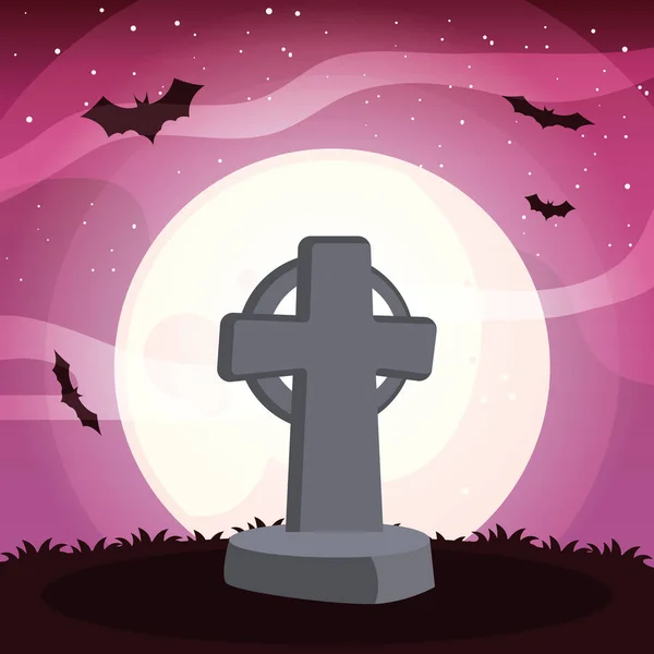 Christelijke kruis met maan in scène van Halloween — Stockvector