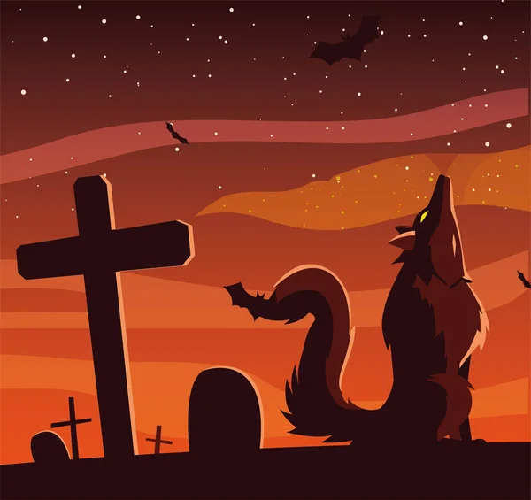 Angry wolf howling in cemetery scene — Stock Vector