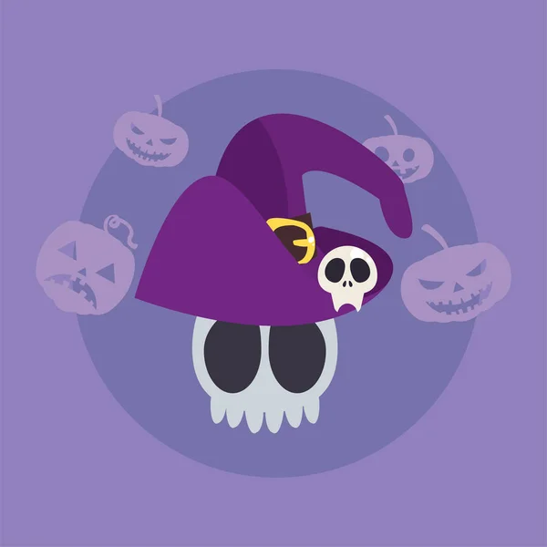 Skull of dead with wizard hat in colorful background — Stock Vector