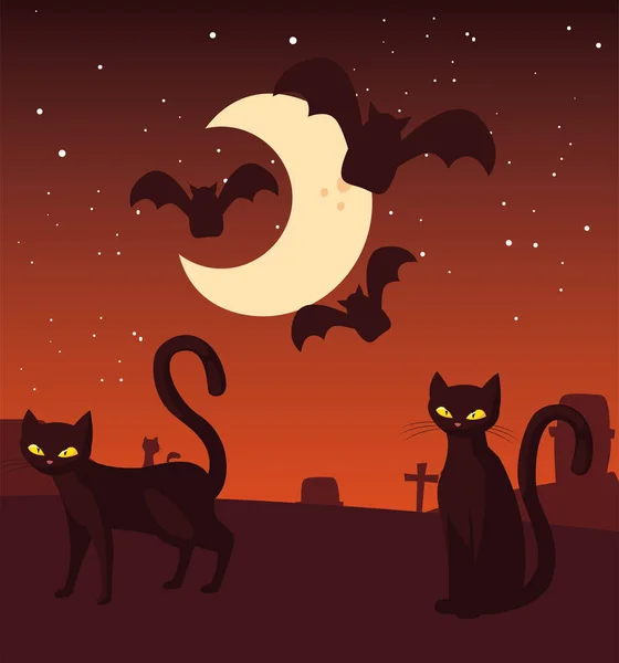 Gato preto com lua em cena de halloween —  Vetores de Stock