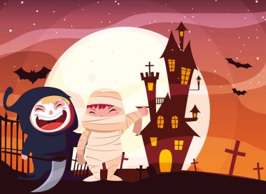 Cadılar Bayramı kostümlü çocuk vektör tasarımı