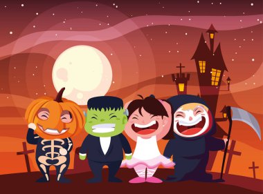 Cadılar Bayramı kostümlü çocuk vektör tasarımı