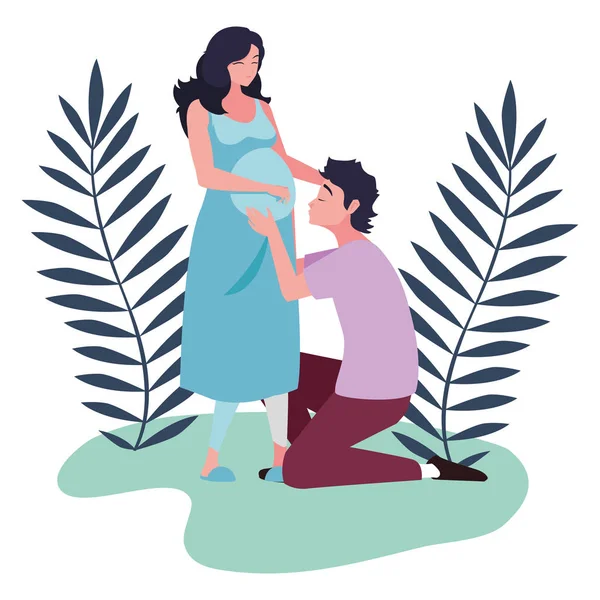 Ізольована вагітна жінка і чоловік з дизайном листя — стоковий вектор
