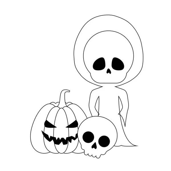 Garçon déguisé en crâne mort avec des icônes Halloween — Image vectorielle