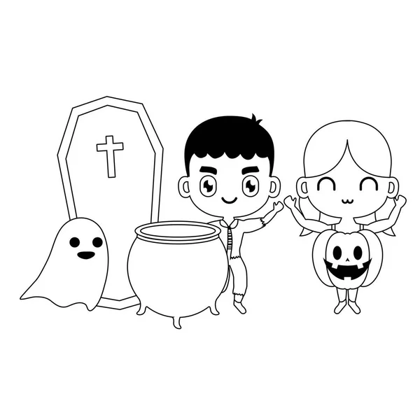 Schattige kinderen vermomd met pictogrammen Halloween — Stockvector