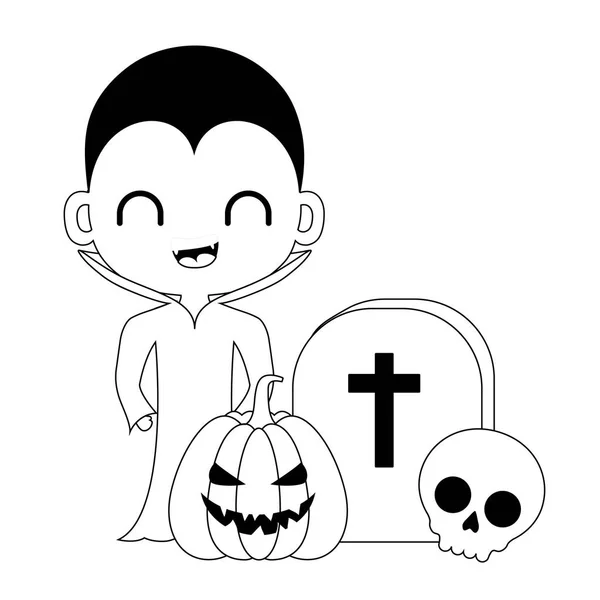 Schattige jongen vermomd van vampier met pictogrammen Halloween — Stockvector