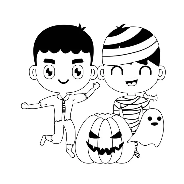 Schattige kinderen vermomd met pictogrammen Halloween — Stockvector