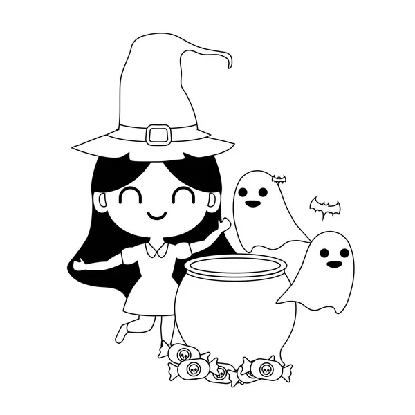 Dziewczyna przebrany za czarownica z ikon Halloween — Wektor stockowy