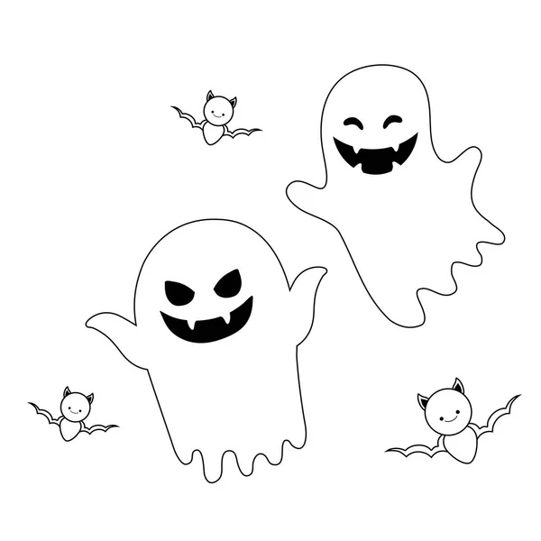 Fantôme d'Halloween avec des chauves-souris volant en arrière-plan blanc — Image vectorielle