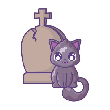 beyaz arka plan üzerinde mezarlık mezar taşı ile sevimli kedi