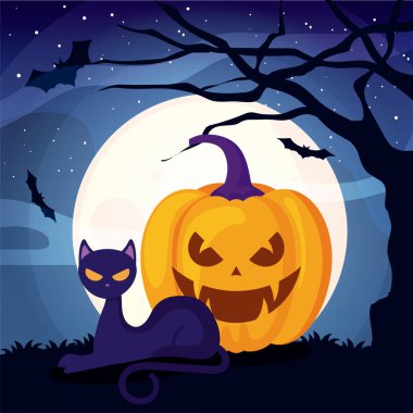 cadılar bayramı sahnesinde balkabağı ile sevimli kedi