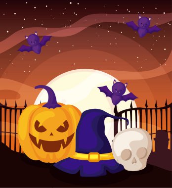 cadılar bayramı sahnesinde balkabağı ile uçan yarasa