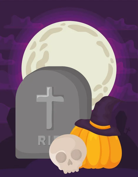 Nagrobek cmentarza z dynią Halloween — Wektor stockowy
