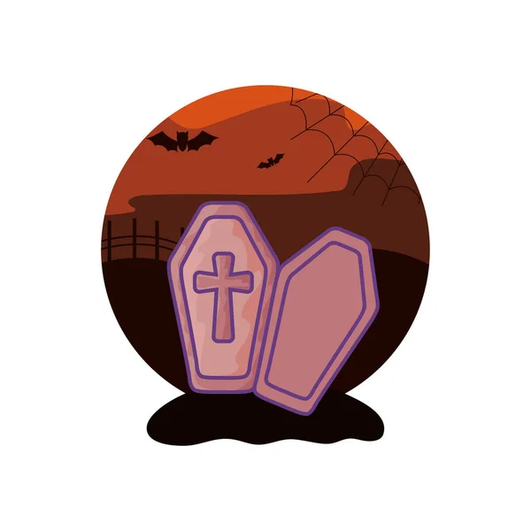 Ataúd de madera con cruz cristiana en la escena de Halloween — Vector de stock