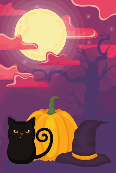 Lindo gato con calabaza en halloween escena — Vector de stock