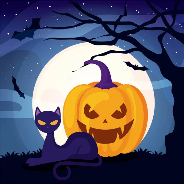 Lindo gato con calabaza en halloween escena — Vector de stock