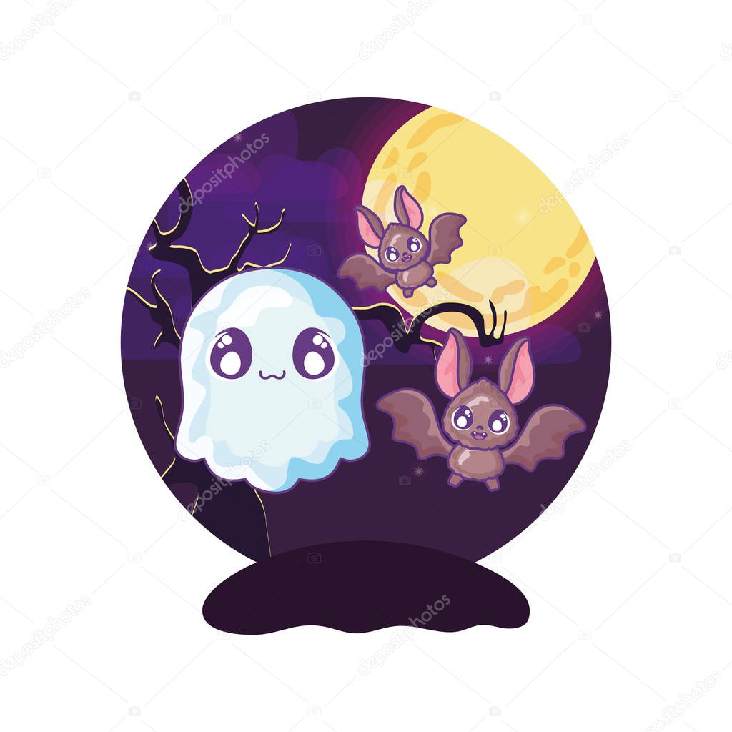 bat flying with ghost on halloween scene