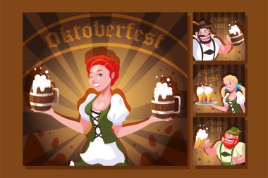 geleneksel Alman kostümü ile giyinmiş insanların kart seti