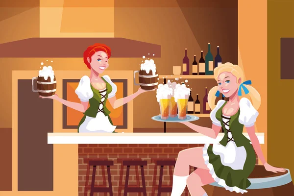 Femmes avec robe traditionnelle allemande boire de la bière dans le bar Oktoberfest célébration — Image vectorielle